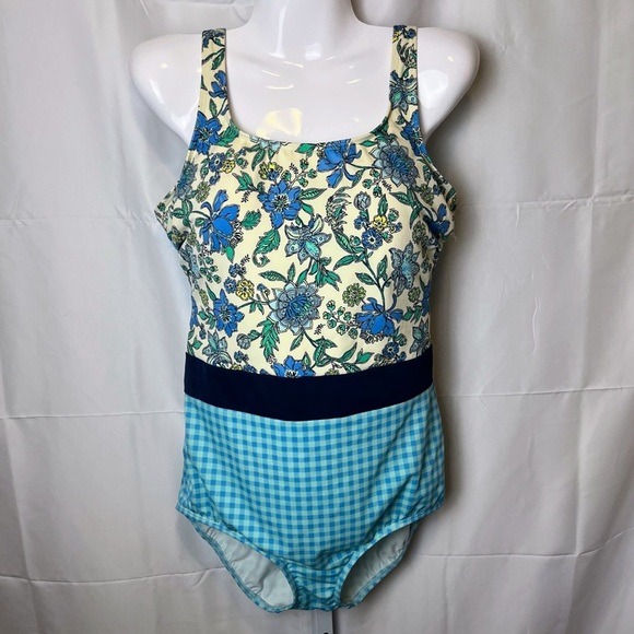 Lands’ End Women’s One Piece Swimsuit 12 DDD Floral Gingham Padded Bathing Suit - Picture 1 of 9